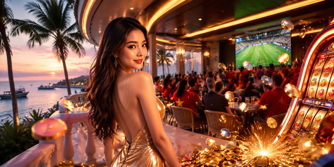 Người chơi slots trên bãi biển Phú Quốc với điện thoại trong ánh chiều tà